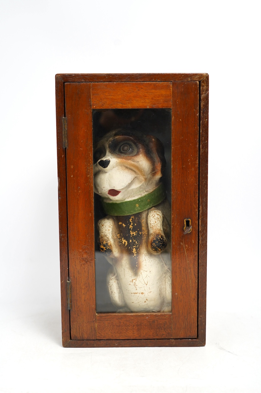 Two vintage printed card dog biscuit boxes, one with a Spratt’s collar, the other mahogany cased, 30cm high. Condition - fair